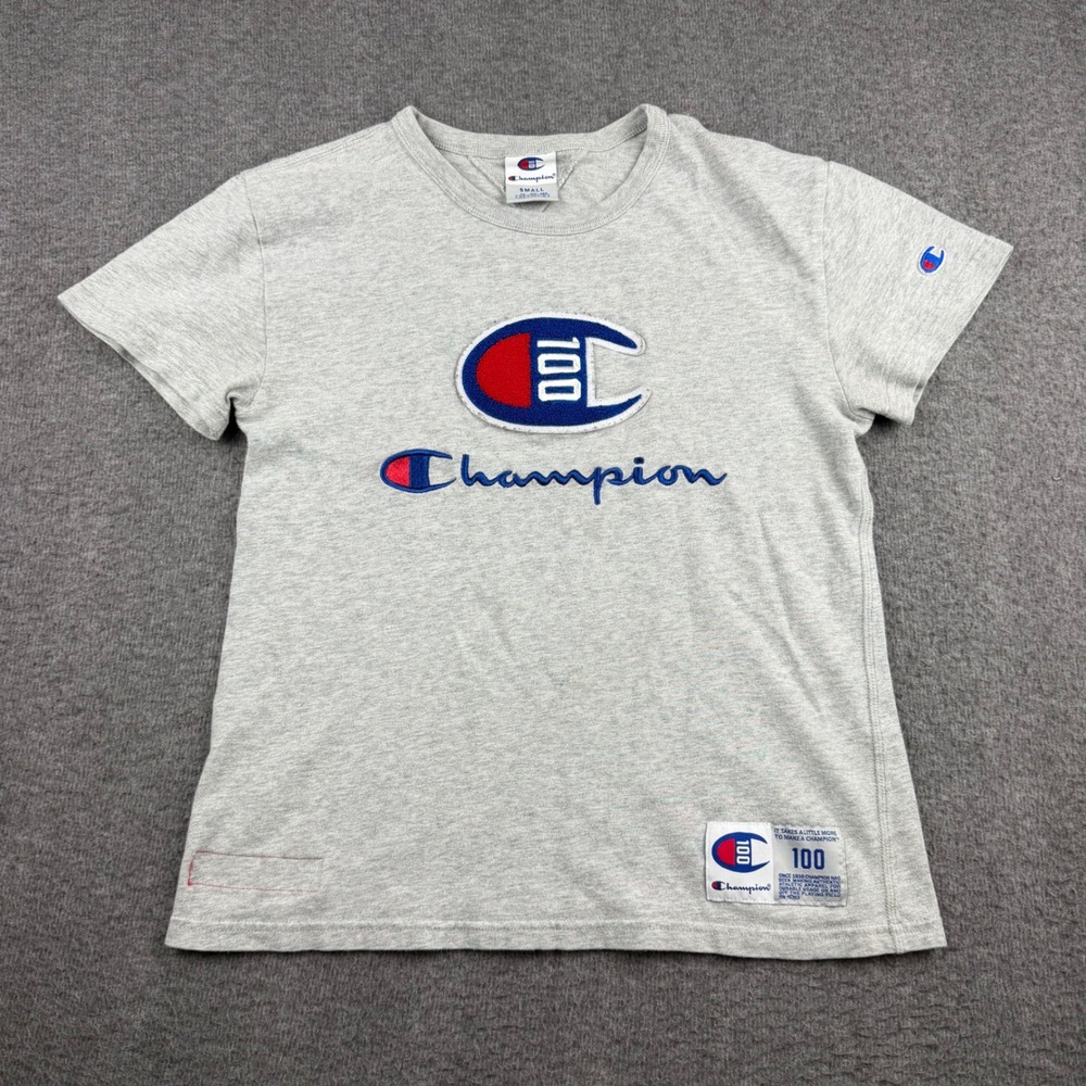 Champion 100th Anniversary T Shirt Mens Small Gray Chenille Logo Graphic Tee